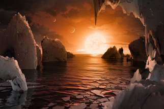 An artist&#039;s depiction shows the possible surface of TRAPPIST-1f, on one of seven newly discovered planets in the TRAPPIST-1 system.