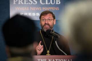 Ukrainian Catholic Archbishop Sviatoslav Shevchuk of Kiev-Halych, leader of the Ukrainian Catholic Church, speaks at the National Press Club in Washington Nov. 9. The archbishop along with other Ukrainian Catholic and Orthodox leaders made an appeal to President Obama to airlift crucial humanitarian supplies to the Ukraine for this winter season.