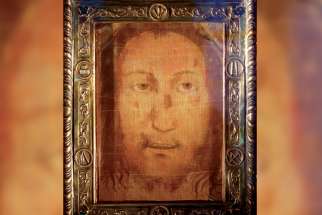 The Holy Face of Manoppello is pictured on display at the shrine in Manoppello, Italy. Devotees believe the cloth was one of the burial shrouds that covered the face of Jesus in the tomb. 