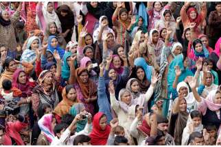 Pakistani Christians protest March 16 in the aftermath of two suicide attacks that targeted two churches in Lahore. 
