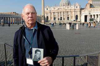 Tim Lennon, board president of Survivors Network of those Abused by Priests, or SNAP, poses in St. Peter&#039;s Square at the Vatican Feb. 20, 2019. 