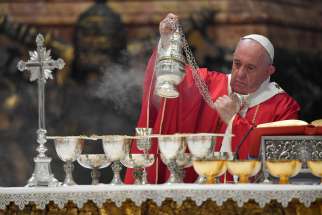 Pope Francis celebrates Mass in memory of cardinals and bishops who died in the past year. The Mass was Nov. 4, 2019, in St. Peter&#039;s Basilica at the Vatican.