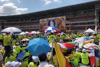 World Youth Day volunteers shield themselves from the afternoon sun while listening to the Pope&#039;s address in Panama Jan. 27. 
