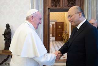 Pope Francis greets Iraqi President Barham Salih at the Vatican Jan. 25, 2020. The two leaders discussed guaranteeing the safety of Christians and the need for promoting stability, reconstruction, national sovereignty and dialogue in the country.