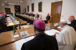  Pope Francis meets with members of the preparatory council for the Synod of Bishops for the Amazon region at the Vatican in this photo dated April 12-13 and released by the Vatican April 14. The synod will take place in October 2019.