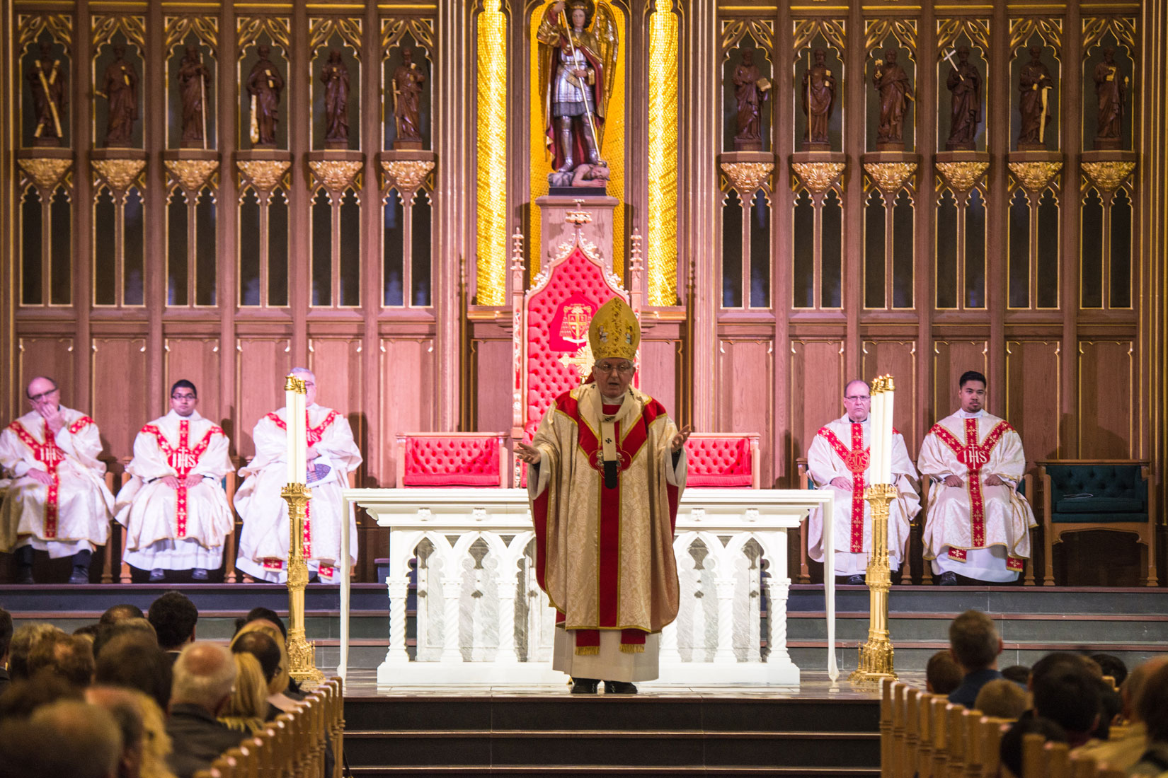Cardinal Collins preaching at the workers’ thanksgiving Mass at St. Michael’s Cathedral Sept. 30. (Photo by Michael Swan)