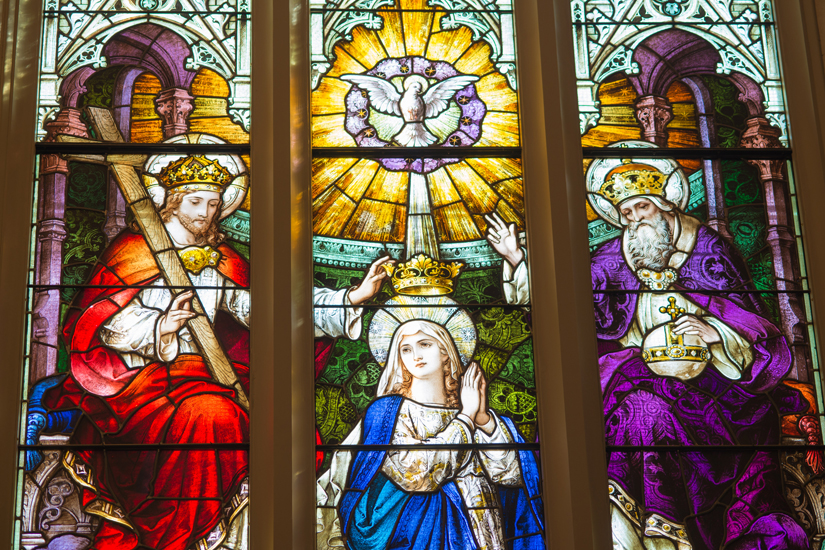 All the cathedral’s stained-glass windows were painstakingly restored, including this window depicting the Crowning of Mary. (Photo by Michael Swan)