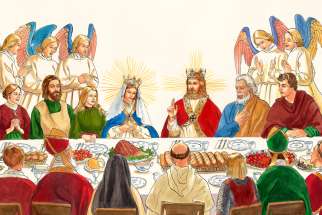 An illustration of the Heavenly Birthday Party as depicted in &#039;Christmas in Heaven&#039;, a children&#039;s book by author Anthony DeStefano.