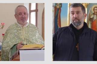 Father Bohdan Geleta, left, and Father Ivan Levitsky are seen in this undated screen grab. The two Ukrainian Greek Catholic priests seized by Russian forces from their church in Berdyansk in November 2022 are possibly in a Russian-operated labor camp in occupied Ukraine, according to a human rights information service.