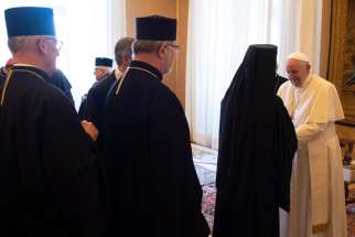 Pope Francis greets bishops from Eastern Catholic churches during a meeting at the Vatican Sept. 14, 2019. Meeting some 40 bishops serving in Europe, the pope praised them for their fidelity to Rome and encouraged them to be more active in seeking Christian unity.