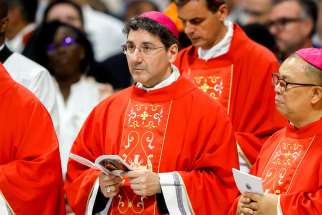 Archbishop Frank Leo of Toronto stands during the chanting of the creed during Mass with Pope Francis June 29, 2023, the feast of Sts. Peter and Paul, in St. Peter&#039;s Basilica at the Vatican.