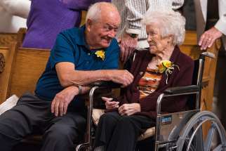 Husband and wife celebrate their 70th wedding anniversary at a Wisconsin parish last October. 