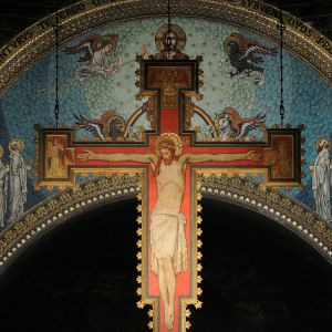 A main focal point of Westminster Cathedral in London is the crucifix that hangs above the sanctuary. The 30-foot-tall wooden icon was constructed in Belgium from designs by John Francis Bentley, the cathedral architect.