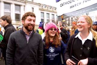 Logan Weir, left, an alumnus of Our Lady Seat of Wisdom College, joins Katherine Duteau and Sr. Courtney Cullen, another alumnus of the Ontario college, at the American National March for Life in Washington, D.C., Jan. 24.