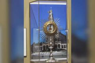 A reliquary containing the relics of Blesseds Francisco and Jacinta Marto, two of the three children to whom Mary appeared in Fatima in 1917, are seen May 14 at Our Lady of Fatima in Victoria, British Columbia.