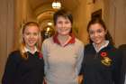 Italian astronaut Samantha Cristoforetti poses with two students during her visit to Loretto Abbey Catholic Secondary School. 