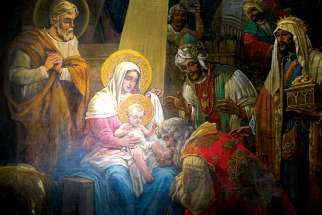 The adoration of the Magi is depicted in a painting in the Cathedral Basilica of Sts. Peter and Paul in Philadelphia.