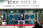 John Paul II Secondary School principal Peter Cassidy delivers remarks at the ribbon-cutting of the new carbon-neutral school in London, Ont.