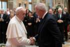 Pope Francis greets Supreme Knight Carl A. Anderson of the Knights of Columbus during an audience with a delegation from the Knights at the Vatican Feb. 10, 2020. Members of the Knight&#039;s board of directors were in Rome to celebrate the 100th anniversary of the organization&#039;s active presence in Rome.