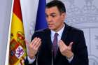 Spanish Prime Minister Pedro Sanchez gestures at a news conference after the first Cabinet meeting at Moncloa Palace in Madrid Jan. 14, 2020.