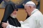 Pope Francis greets Catholicos Karekin II, patriarch of the Armenian Apostolic Church, during a private audience Oct. 24 at the Vatican.