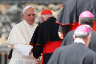 Pope Francis greets then-Cardinal Theodore E. McCarrick during his general audience in St. Peter&#039;s Square at the Vatican June 19, 2013. 