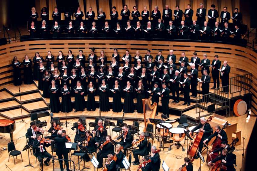The Toronto Mendelssohn Choir performing with the Toronto Symphony Orchestra during the choir’s 125th anniversary concert in October at Koerner Hall in the city’s Royal Conservatory of Music. The choir is performing “Messiah” at Roy Thomson Hall Dec. 17-22.