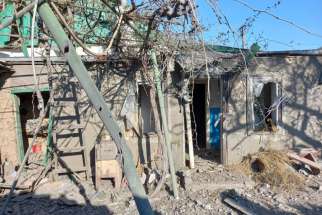 The remains of the Ukrainian Greek Catholic Church of the Holy Martyr Cyprian and the Martyr Justina in Antonivka, Ukraine are seen after an Aug. 11, 2024 missile strike by Russian forces.