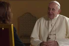 Pope Francis speaks with Valentina Alazraki of the Mexican television station Televisa during an interview that aired in May 2019. A clip, apparently cut from the interview and shows Pope Francis talking about “civil unions,” is used in the documentary &quot;Francesco&quot; by Evgeny Afineevsky.