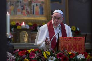 Pope Francis speaks during a prayer service at the Basilica of St. Bartholomew in Rome April 22. The service was in memory of Christians killed for their faith in the 20th and 21st centuries.