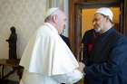 Pope Francis greets Ahmad el-Tayeb, grand imam of Egypt&#039;s al-Azhar mosque and university, during a private meeting at the Vatican May 23. The Vatican and Al-Azhar is teaming up to combat religious justification for violence.