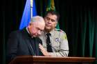 Los Angeles County Sheriff Robert Luna comforts Los Angeles Archbishop José H. Gomez while he speaks during a Feb. 20, 2023, news conference after the arrest of 65-year-old Carlos Medina, the suspect in the murder of Auxiliary Bishop David G. O&#039;Connell. Bishop O&#039;Connell was found dead of a single gunshot wound Feb. 18 at his home in Hacienda Heights, a neighbourhood east of Los Angeles.