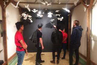 An indoor art installation for Nuit Blanche at Toronto’s Msgr. Fraser College highlights the migrant’s journey.