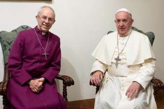 Pope Francis and Anglican Archbishop Justin Welby of Canterbury, leader of the Anglican Communion, meet Nov. 13, 2019, in the pope&#039;s Vatican residence, the Domus Sanctae Marthae. The Vatican press office said the pope and archbishop agreed they would travel together to South Sudan if political leaders there manage to fulfill their promise to form a transitional government of national unity within the next 100 days.
