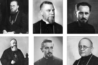 Pictured are six of seven Romanian Catholic bishops who died during a fierce anti-religious campaign waged under the communist regime in Romania. Pope Francis will beatify them in Romania June 2. Clockwise: Auxiliary Bishop Vasile Aftenie of Fagaras and Alba Iulia; Bishop Ioan Balan of Lugoj, Auxiliary Bishop Tit Liviu Chinezu of Fagaras and Alba Iulia; Bishop Valeriu Traian Frentiu of Oradea Mare; Bishop Ioan Suciu, apostolic administrator of Fagaras and Alba Iulia; and Bishop Alexandru Rusu of Maramures. Not pictured is Cardinal Iuliu Hossu of Gherla. 