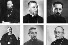 Pictured are six of seven Romanian Catholic bishops who died during a fierce anti-religious campaign waged under the communist regime in Romania. Pope Francis will beatify them in Romania June 2. Clockwise: Auxiliary Bishop Vasile Aftenie of Fagaras and Alba Iulia; Bishop Ioan Balan of Lugoj, Auxiliary Bishop Tit Liviu Chinezu of Fagaras and Alba Iulia; Bishop Valeriu Traian Frentiu of Oradea Mare; Bishop Ioan Suciu, apostolic administrator of Fagaras and Alba Iulia; and Bishop Alexandru Rusu of Maramures. Not pictured is Cardinal Iuliu Hossu of Gherla. 