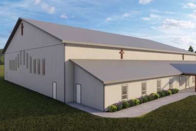 A concept image of the future St. Gabriel the Archangel Catholic Church in Chestermere, Alta.. Utilizing a post and beam construction approach, the building will evoke a Quonset hut on the outside, but the interior will look like a traditional house of worship.  