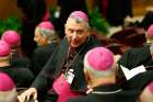 Bishop Simone Giusti of Livorno, Italy, speaks to a fellow bishop at the opening of the annual spring meeting of the Italian bishops&#039; conference at the Vatican May 20, 2019. Members of the Italian bishops&#039; conference have approved updated guidelines for protecting children and vulnerable adults and for handling abuse allegations.