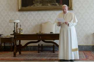 Pope Francis leads a global recitation of the Lord&#039;s Prayer from the library of the Apostolic Palace at the Vatican March 25, 2020. The pope and the Orthodox, Anglican and Protestant leaders who joined him for the prayer implored God&#039;s mercy on humanity amid the coronavirus pandemic.