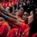 A group of youth from St. Joseph the Worker Parish in Thornhill, Ont., take part in praise and worship at the Steubenville Catholic Youth Conference, which ran in Ohio from July 15-17.