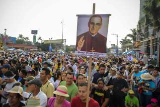 Pilgrims gather for Archbishop Oscar Romero&#039;s beatification Mass in the Divine Savior of the World square in San Salvador May 23.
