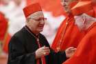 Cardinal Louis Sako, the Baghdad-based patriarch of the Chaldean Catholic Church, greets U.S. Cardinal J. Francis Stafford during a consistory in St. Peter&#039;s Basilica at the Vatican in this June 28, 2018, file photo.