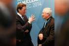 Austrian Foreign Minister Sebastian Kurz talks with Archbishop Silvano Tomasi, the Vatican&#039;s permanent representative to U.N. agencies in Geneva, at the Vienna Conference on the Humanitarian Impact of Nuclear Weapons Dec. 8. Pope Francis called on world leaders, activists and people of faith to pull together to rid the world of the threat of nuclear weapons.