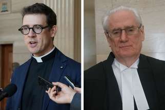 Canada’s fomer religious freedom ambassador Deacon Andrew Bennett, left, and William Sammon, the lawyer who has represented Canada’s bishops before the Supreme Court.