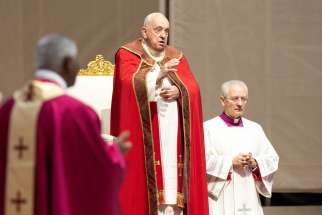 Pope Francis prays during a memorial Mass for cardinals and bishops who died in the past year at the Altar of the Chair in St. Peter’s Basilica at the Vatican, Nov. 4, 2024.