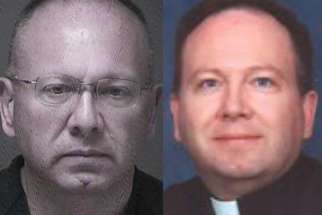 The Rev. Kevin Gugliotta, seen at left in a police mugshot and at right in a portrait for the Archdiocese of Newark, was arrested on child pornography charges in October. He is being held in lieu of $1 million cash bail.