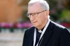 Cardinal Pietro Parolin, Vatican secretary of state, leaves the Vatican&#039;s Paul VI Audience Hall after a working session of the assembly of the Synod of Bishops with Pope Francis at the Vatican Oct. 6, 2023.