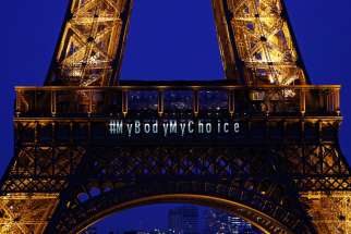 The Eiffel Tower lights up with the message &quot;My Body My Choice&quot; in Paris March 4, 2024, after French lawmakers enshrined the right to abortion in the country&#039;s constitution during a meeting of the parliament in Versailles.
