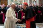 Pope Francis greets Cardinal Pietro Parolin, Vatican secretary of state, during a meeting with nuncios from around the world at the Vatican June 13, 2019.