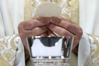 A priest holds the Eucharist in this illustration.